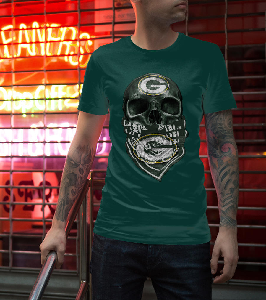 Skull Wearing Green Bay Packers Bandana T-Shirt
