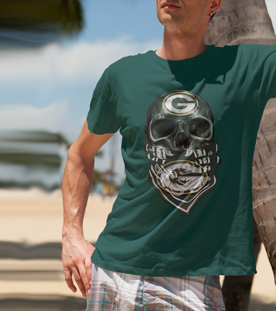 Skull Wearing Green Bay Packers Bandana T-Shirt