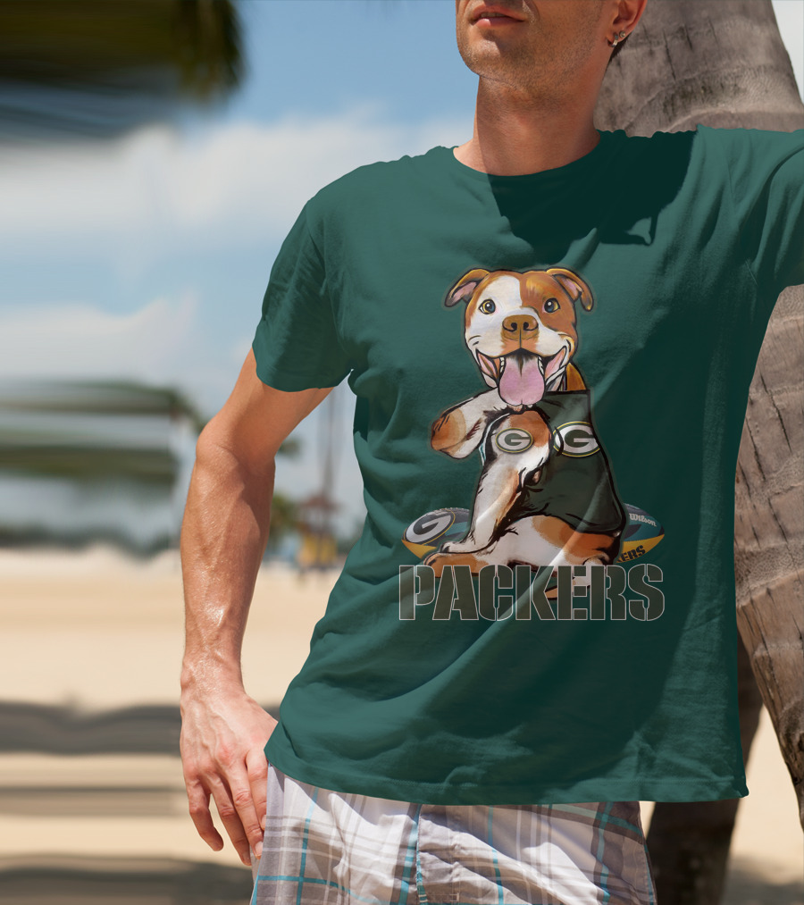 Pitbull Dog In Green Bay Packers Jersey With Football T-Shirt