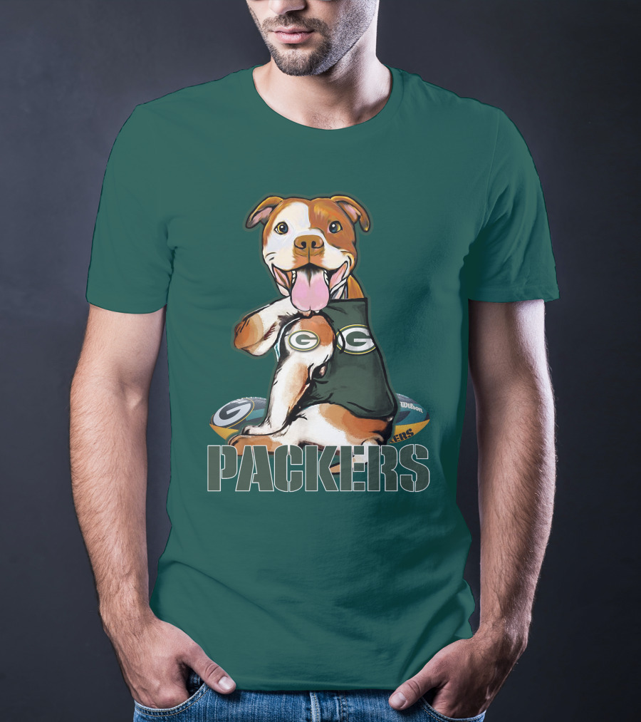 Pitbull Dog In Green Bay Packers Jersey With Football T-Shirt