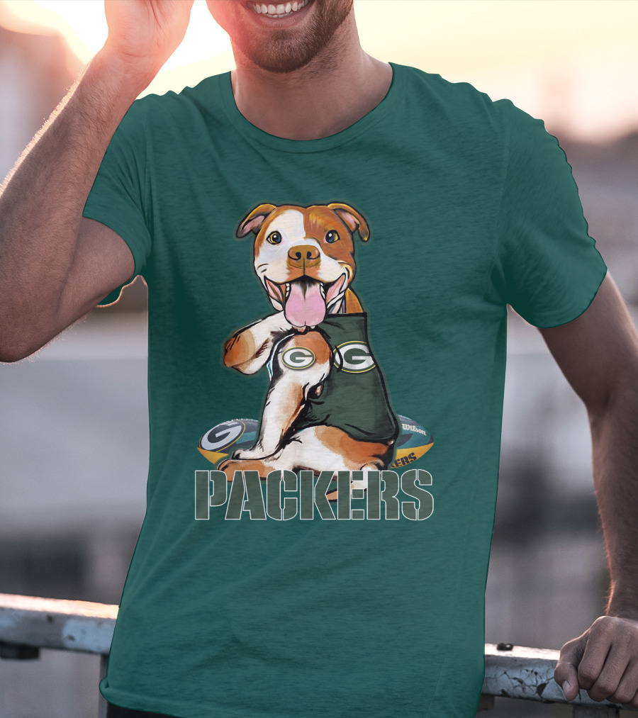 Pitbull Dog In Green Bay Packers Jersey With Football T-Shirt