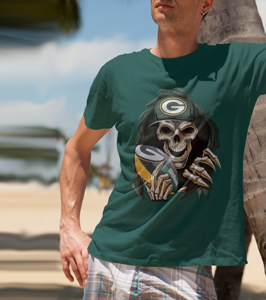 Skull With Green Bay Packers Cap Holding Football On Dark Green T-Shirt