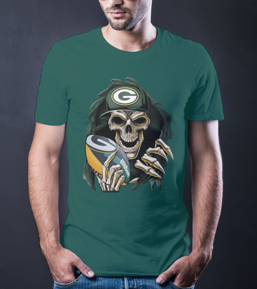 Skull With Green Bay Packers Cap Holding Football On Dark Green T-Shirt