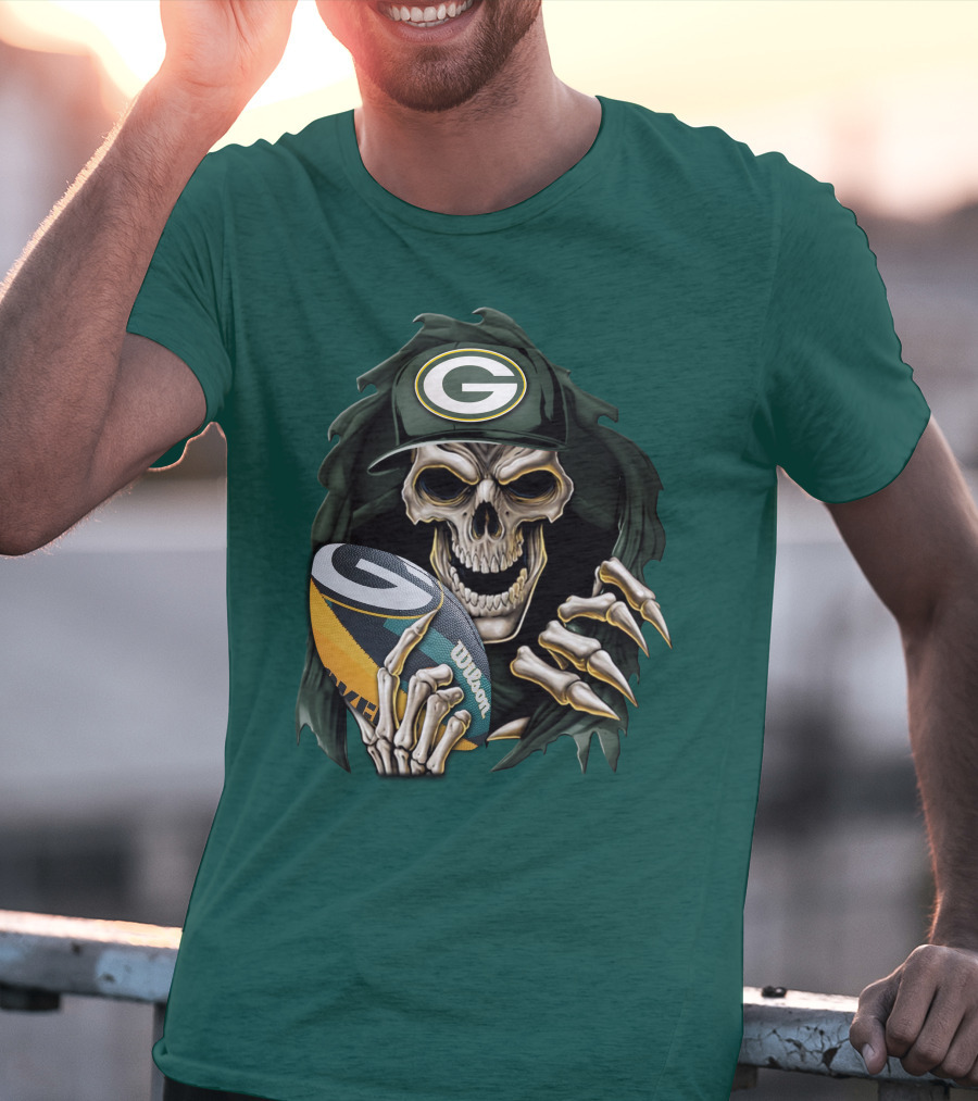 Skull With Green Bay Packers Cap Holding Football On Dark Green T-Shirt