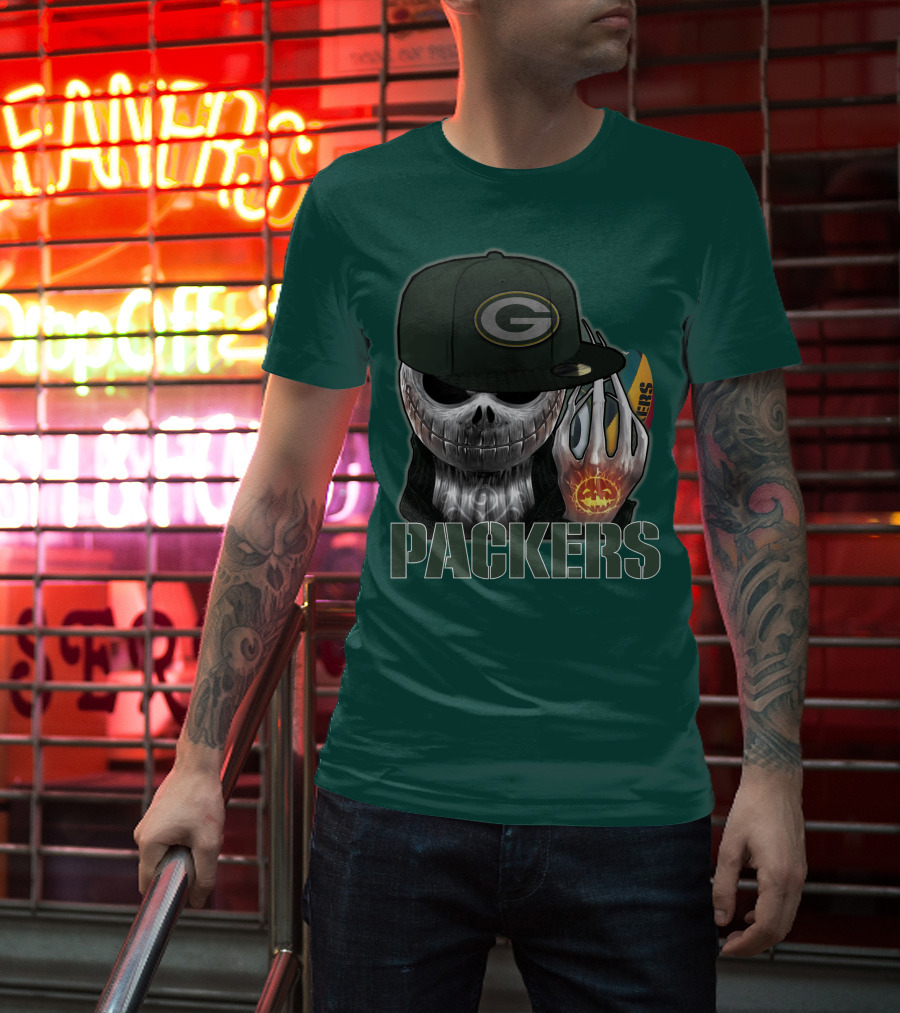 Jackskull Green Bay Packers Halloween Theme Packers Fan Skull T-Shirt