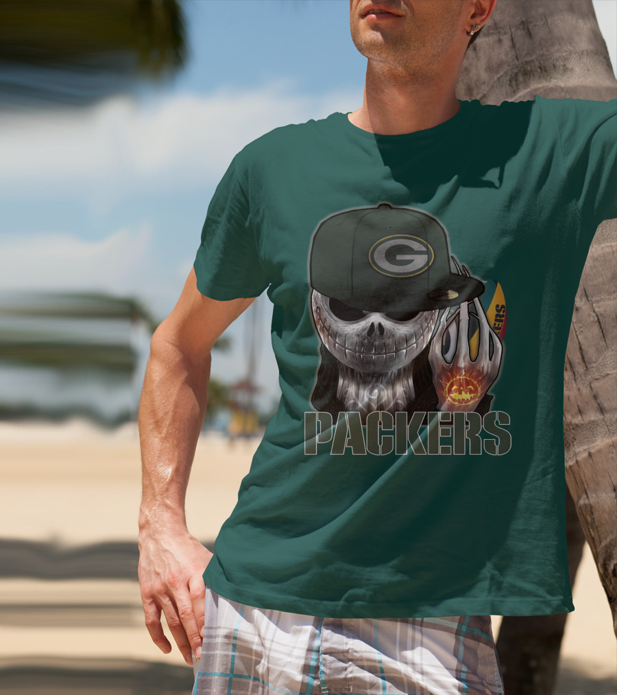 Jackskull Green Bay Packers Halloween Theme Packers Fan Skull T-Shirt