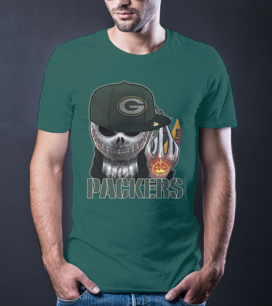 Jackskull Green Bay Packers Halloween Theme Packers Fan Skull T-Shirt