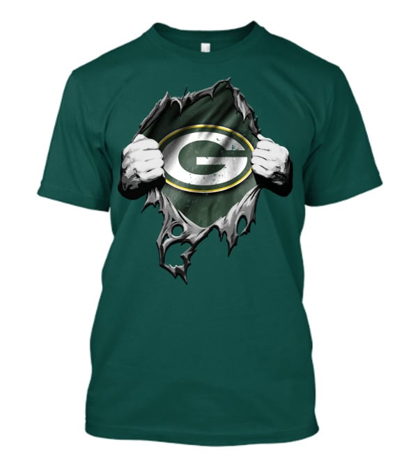 Torn Green Bay Packers Logo With Hands On Green Background T-Shirt