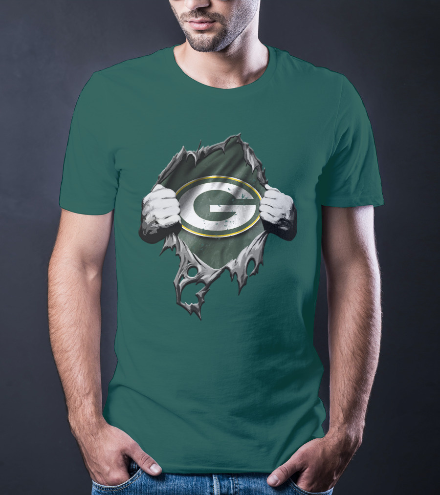 Torn Green Bay Packers Logo With Hands On Green Background T-Shirt