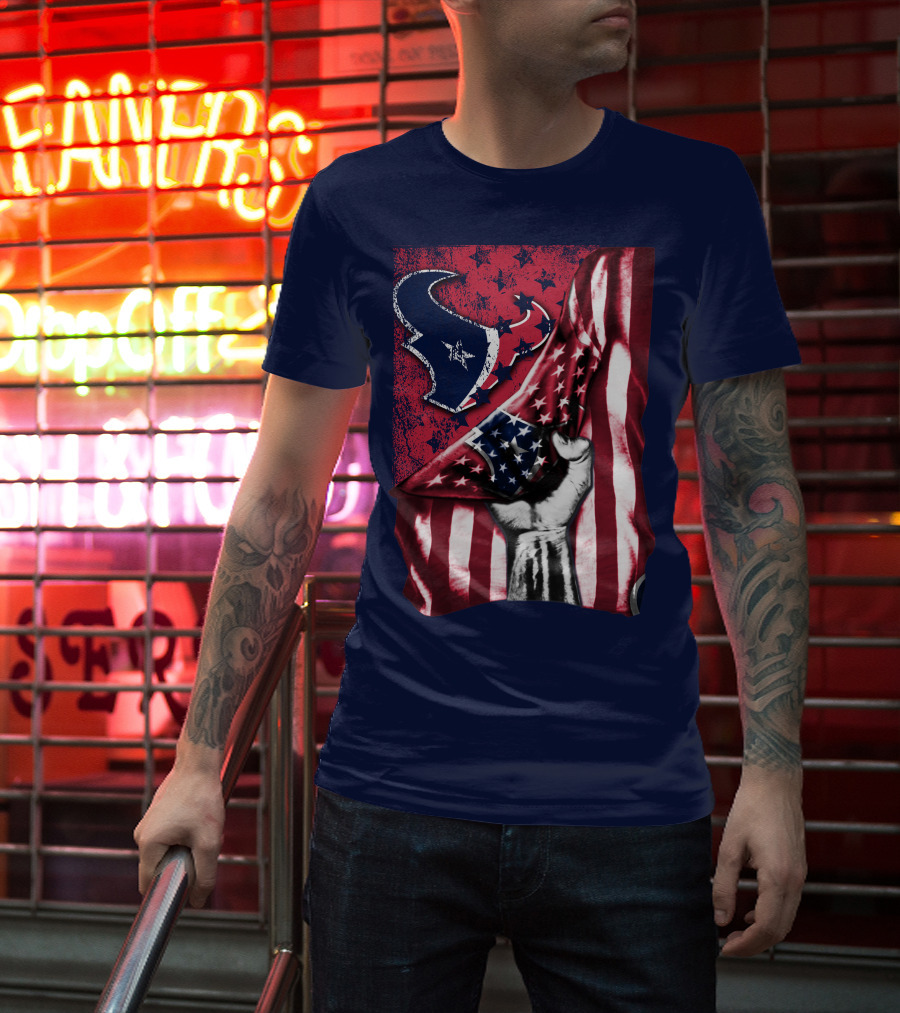 Houston Texans Stars And Stripes American Flag Fist T-Shirt