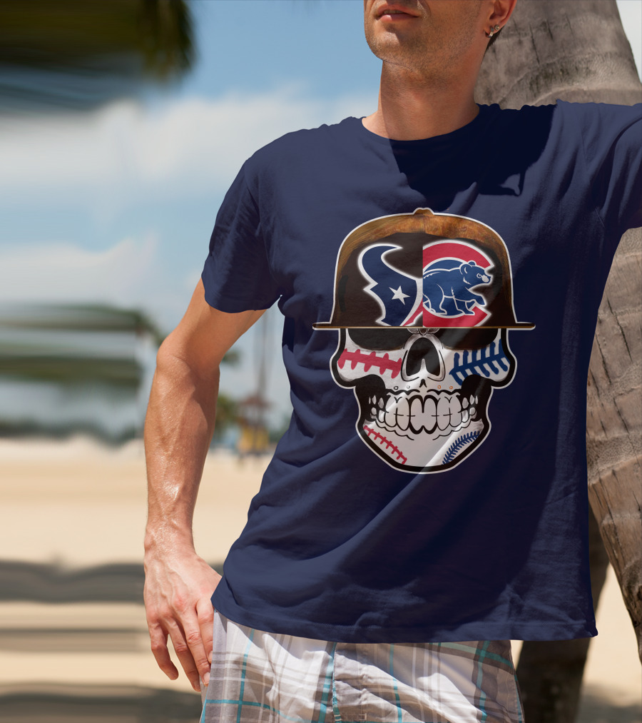 Houston Texans Chicago Cubs Skull Baseball Football Fusion T-Shirt