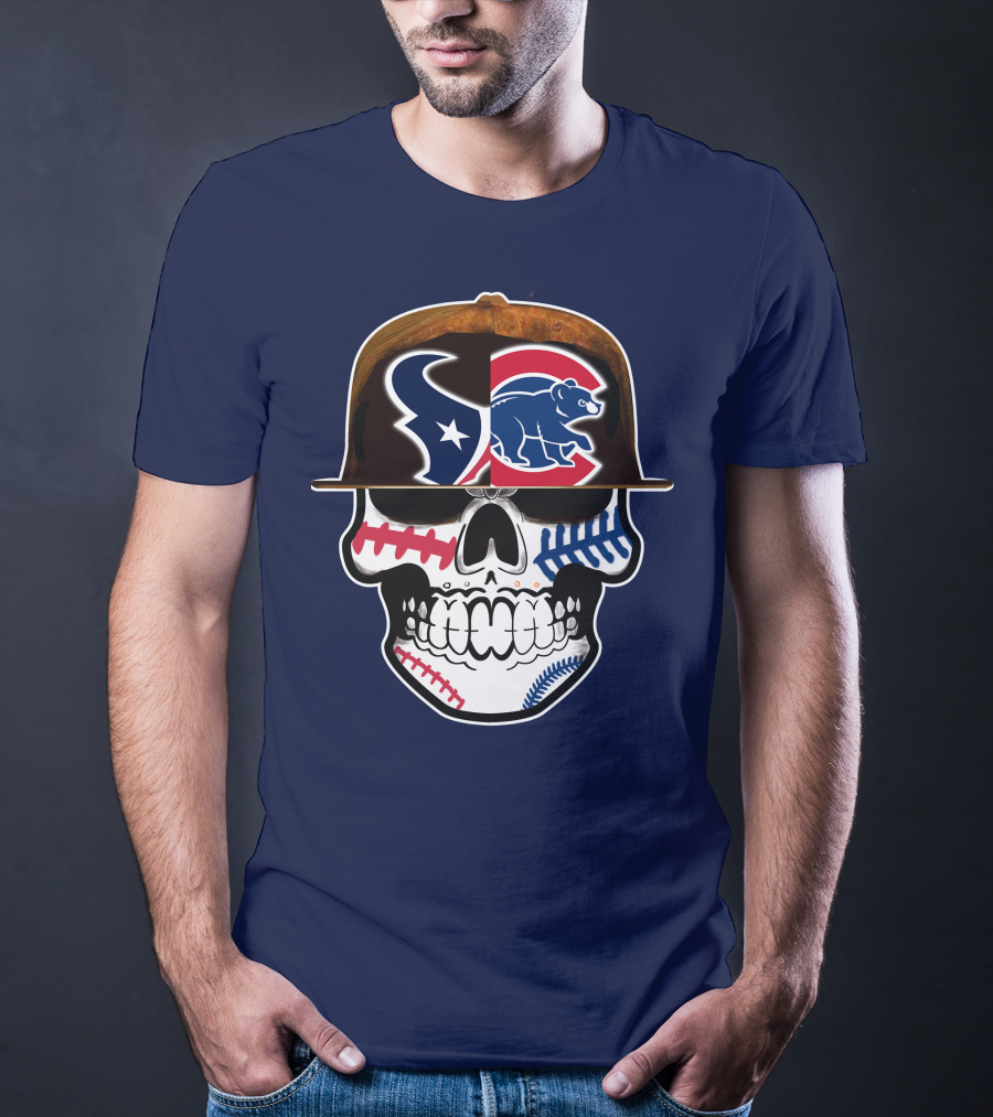Houston Texans Chicago Cubs Skull Baseball Football Fusion T-Shirt