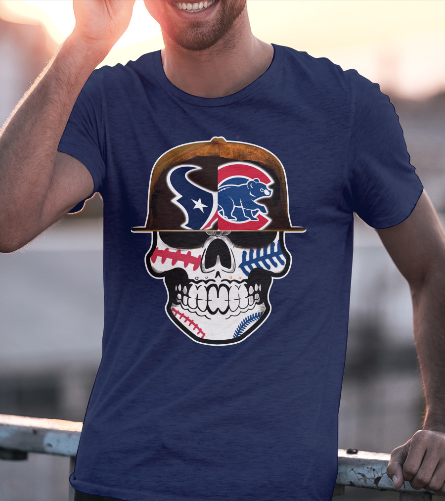 Houston Texans Chicago Cubs Skull Baseball Football Fusion T-Shirt