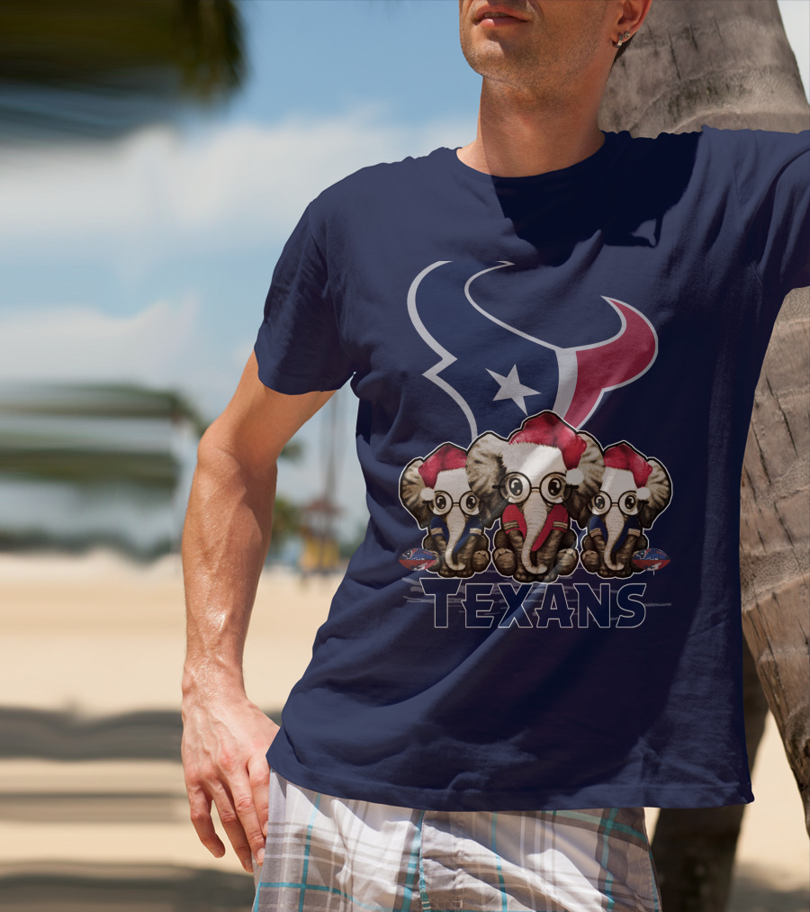 Elephants In Christmas Hats With Houston Texans T-Shirt
