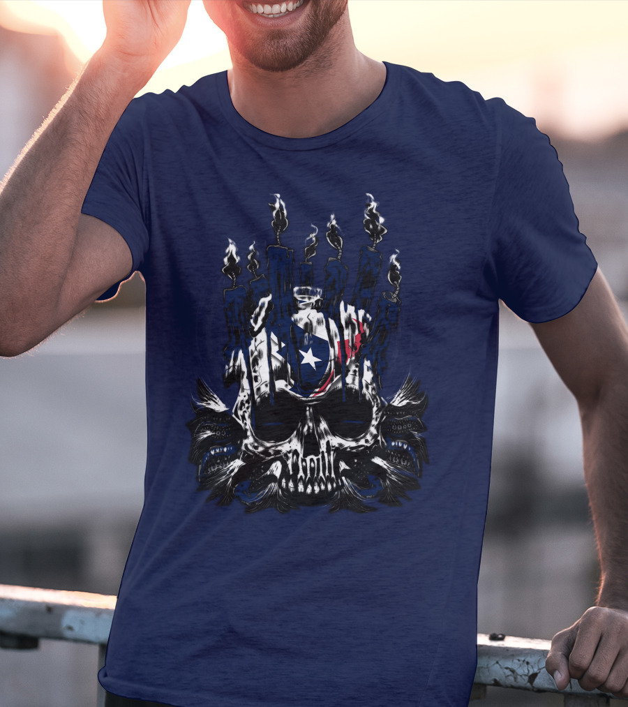 Houston Texans 31 Skull With Flames And Lone Star Flag Theme T-Shirt