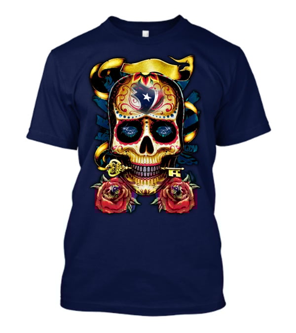 Houston Texans Skull Design With Roses And Key T-Shirt