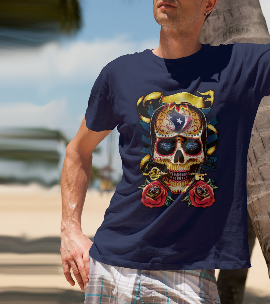 Houston Texans Skull Design With Roses And Key T-Shirt