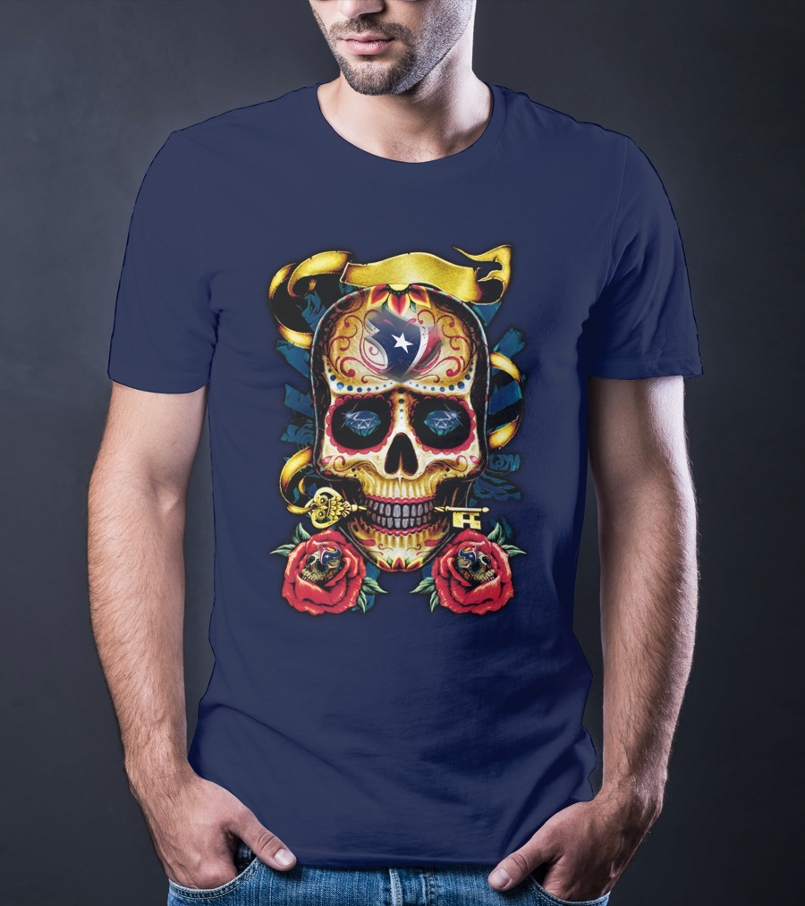 Houston Texans Skull Design With Roses And Key T-Shirt