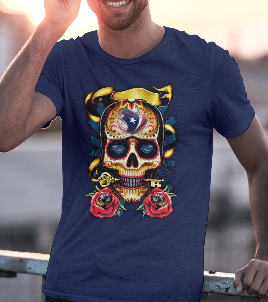 Houston Texans Skull Design With Roses And Key T-Shirt