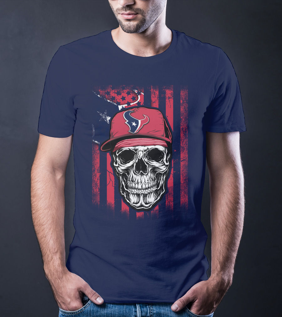Skull In Houston Texans Hat With American Flag Background T-Shirt