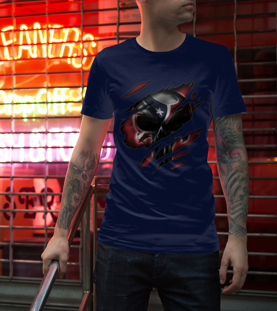 Houston Texans 68 Skull Logo Ripped T-Shirt