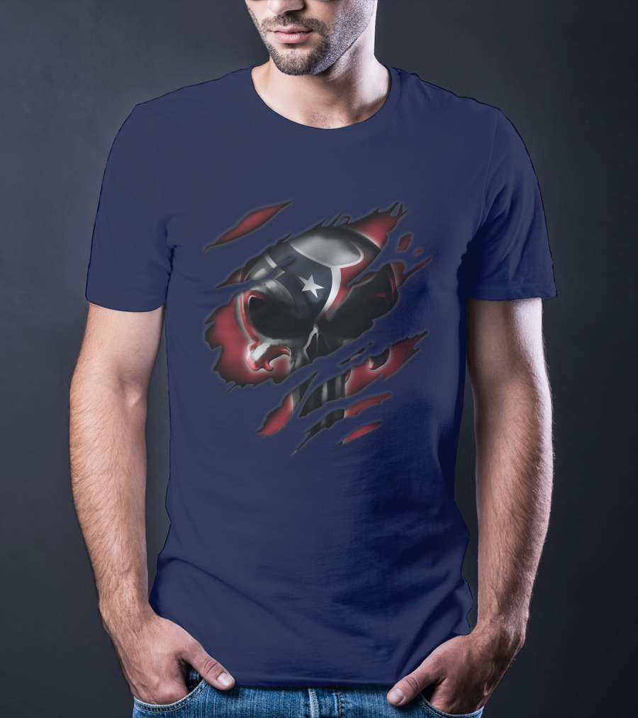 Houston Texans 68 Skull Logo Ripped T-Shirt