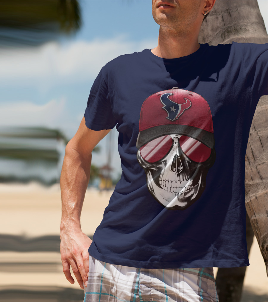 Skull With Houston Texans Logo Hat And Reflective Sunglasses T-Shirt
