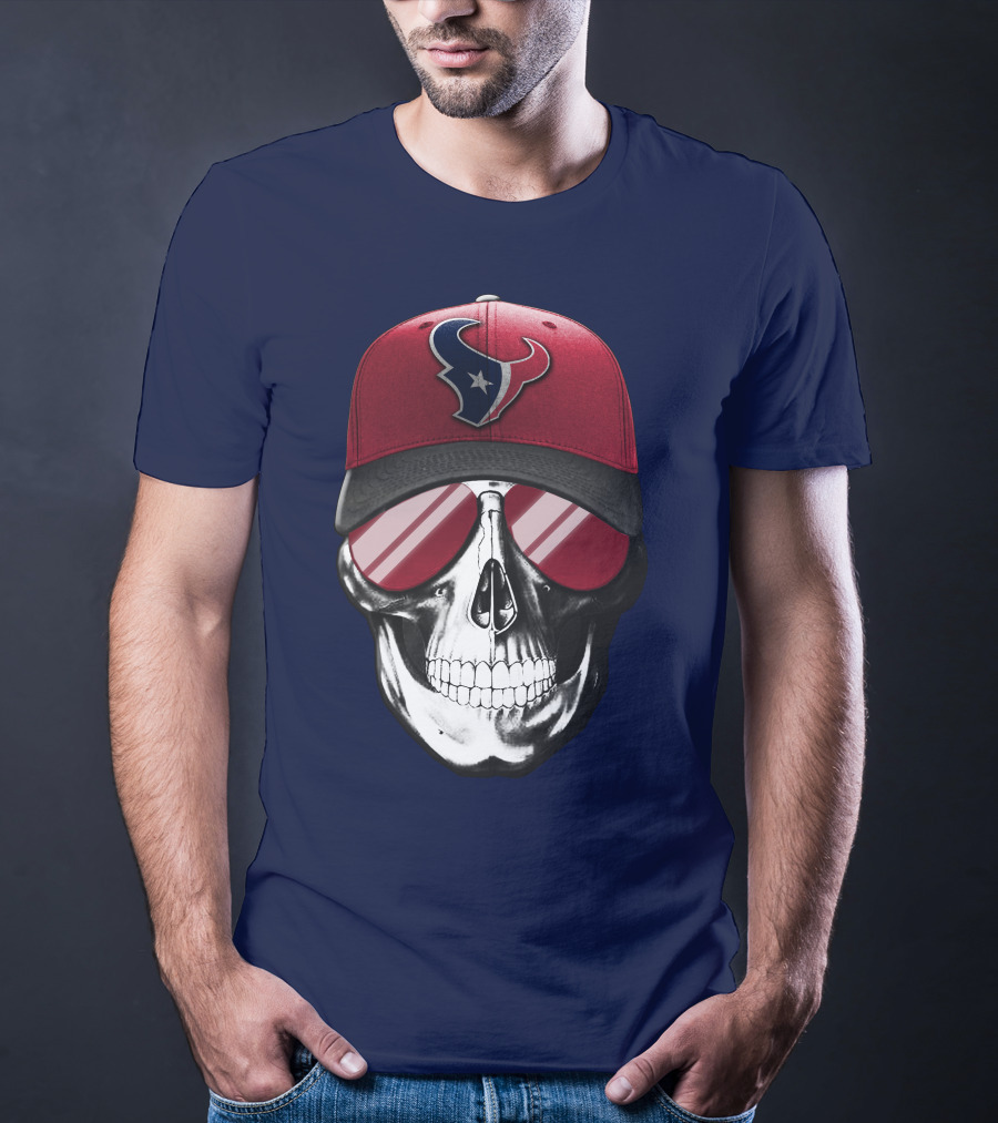 Skull With Houston Texans Logo Hat And Reflective Sunglasses T-Shirt