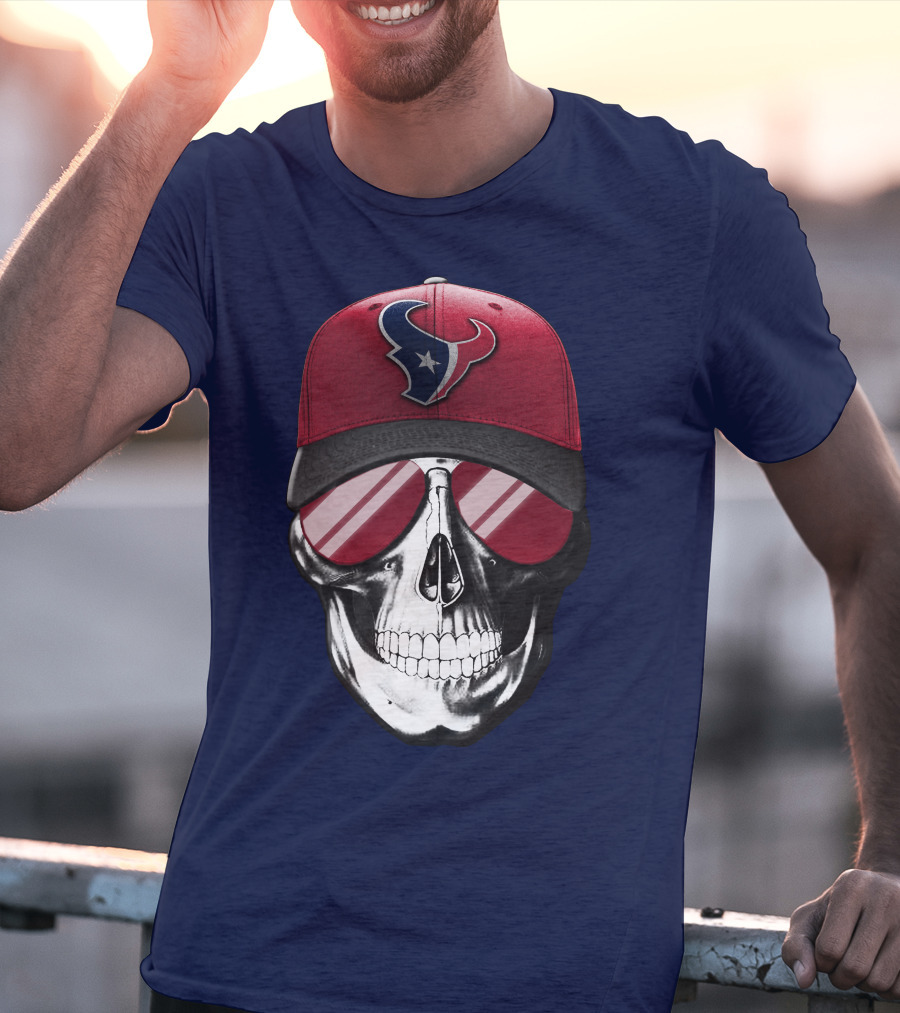 Skull With Houston Texans Logo Hat And Reflective Sunglasses T-Shirt