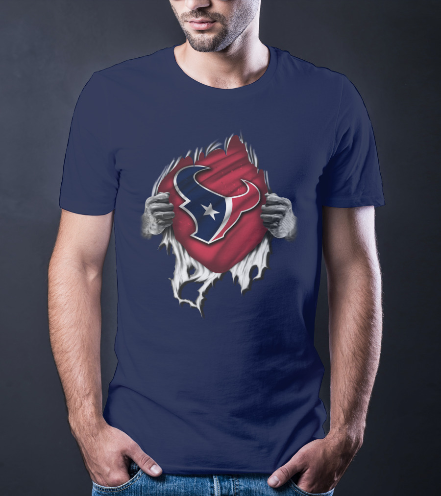 Torn Houston Texans Emblem Revealed Through Superhero Rip Effect T-Shirt