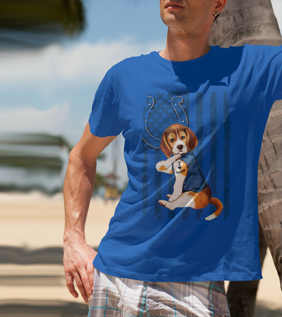 Beagle Wearing I Love Mom Indianapolis Colts Shirt With Horseshoe T-Shirt