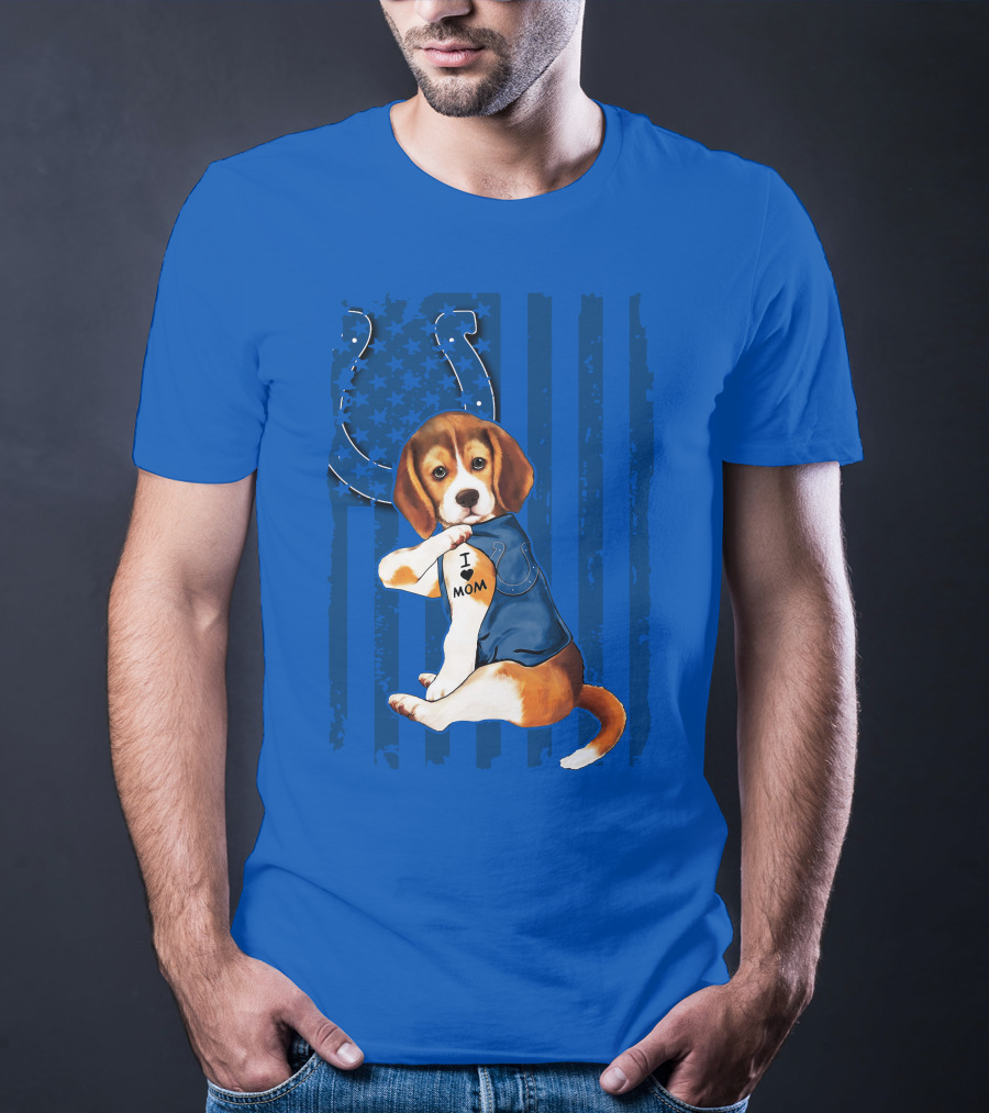 Beagle Wearing I Love Mom Indianapolis Colts Shirt With Horseshoe T-Shirt