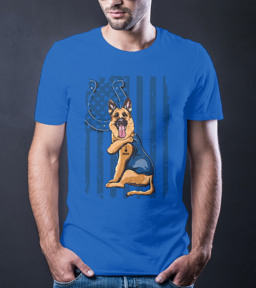 German Shepherd I Love Mom Indianapolis Colts American Flag T-Shirt