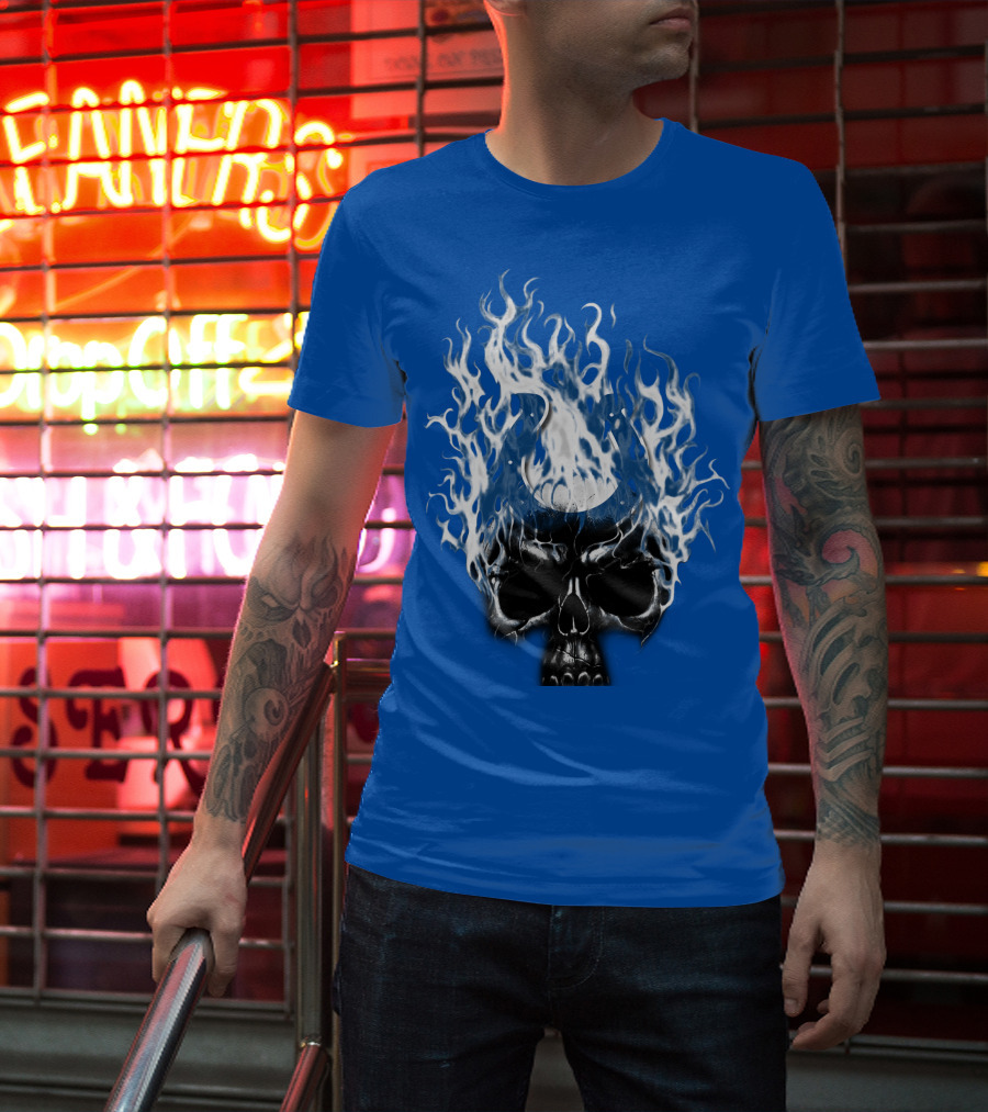 Indianapolis Colts 04 Skull With Horseshoe And Flames T-Shirt