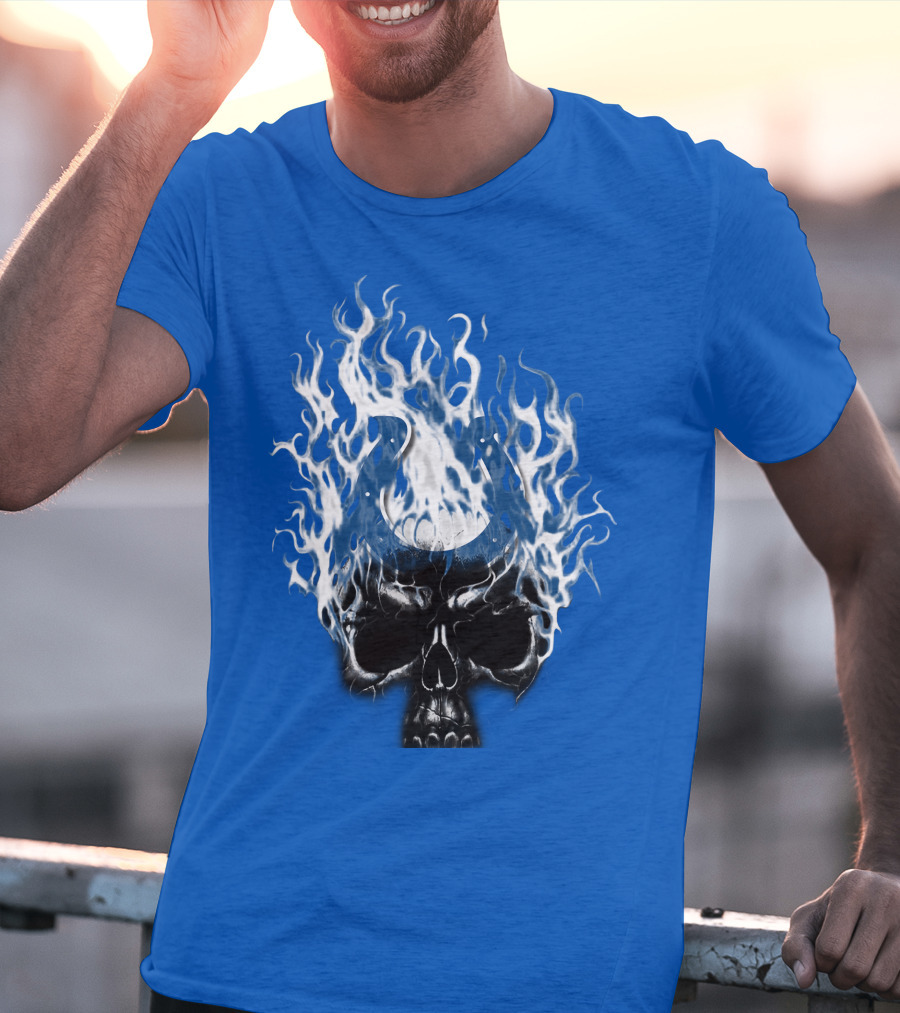 Indianapolis Colts 04 Skull With Horseshoe And Flames T-Shirt