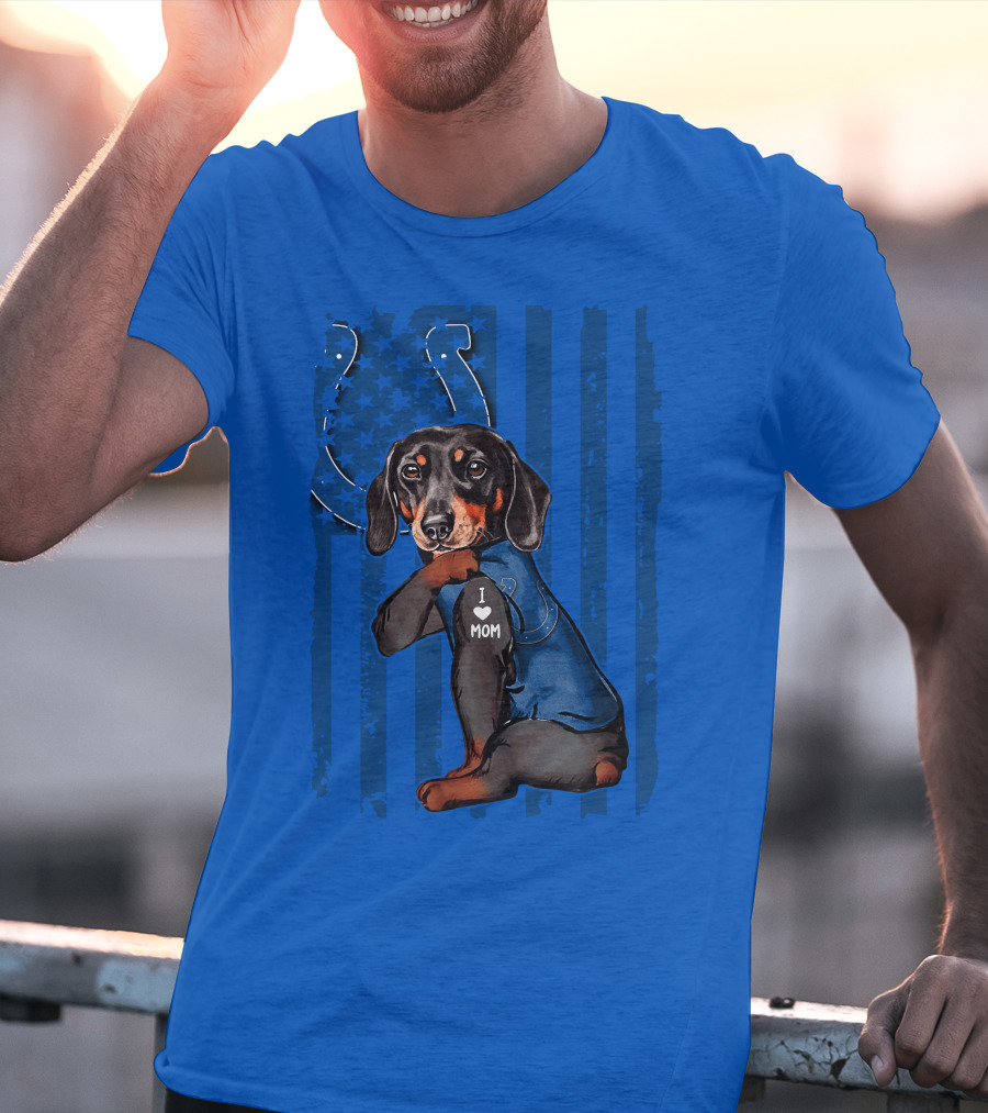 Dachshund I Love Mom Indianapolis Colts American Flag T-Shirt