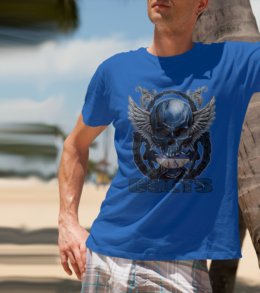 Colts Skullfb Winged Blue Skull Design For Indianapolis Colts Fans T-Shirt