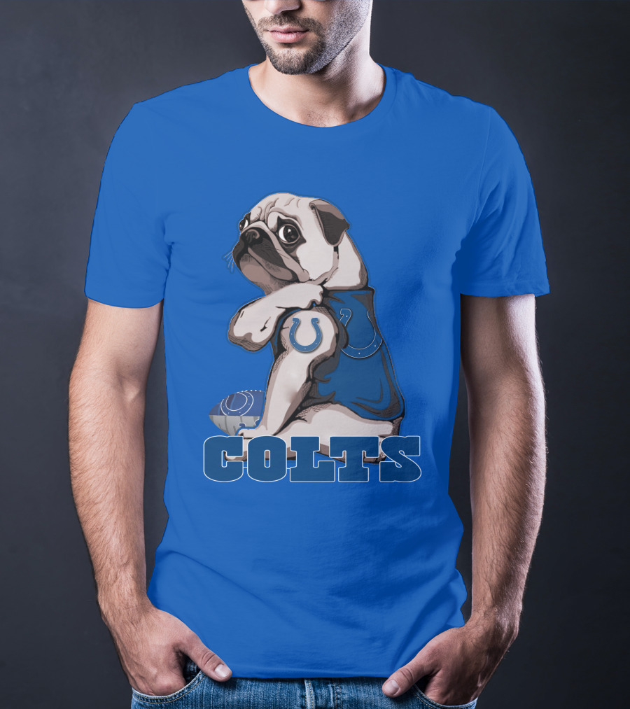 Pug Colts Fan With Blue Football Gear T-Shirt