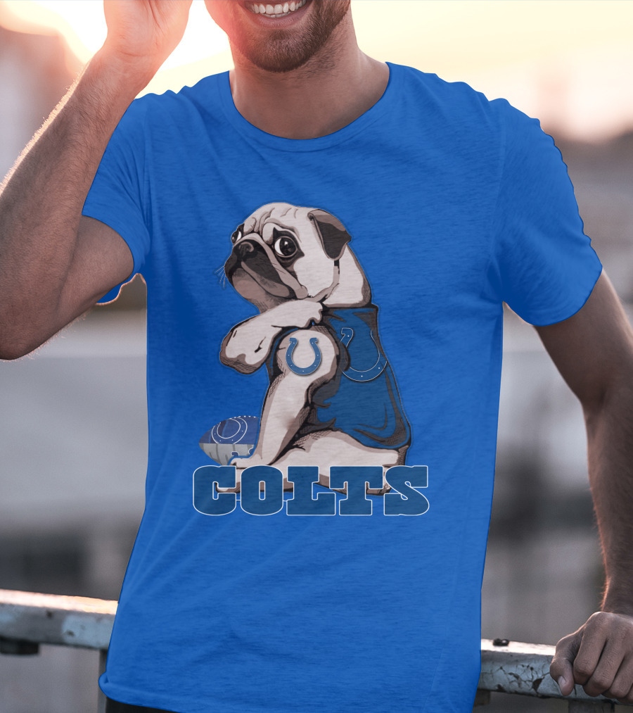 Pug Colts Fan With Blue Football Gear T-Shirt