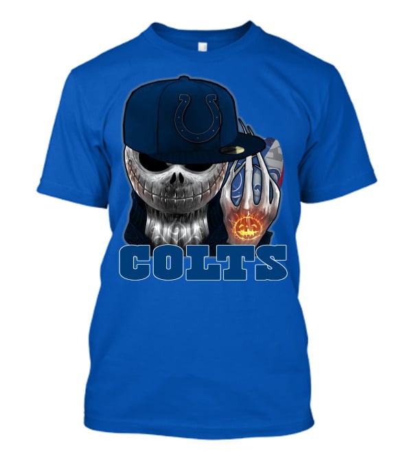 Colts Halloween Skull With Indianapolis Blue And Jack O'lantern Hand T-Shirt