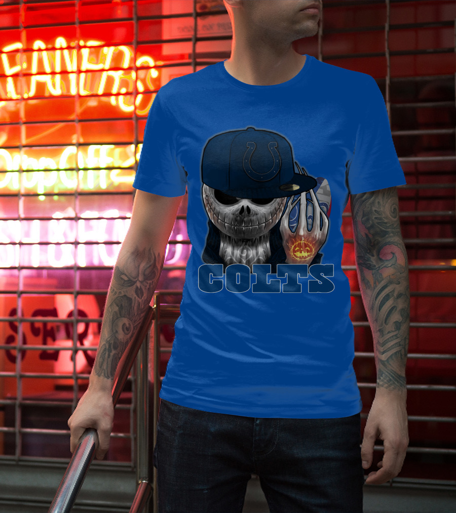 Colts Halloween Skull With Indianapolis Blue And Jack O'lantern Hand T-Shirt