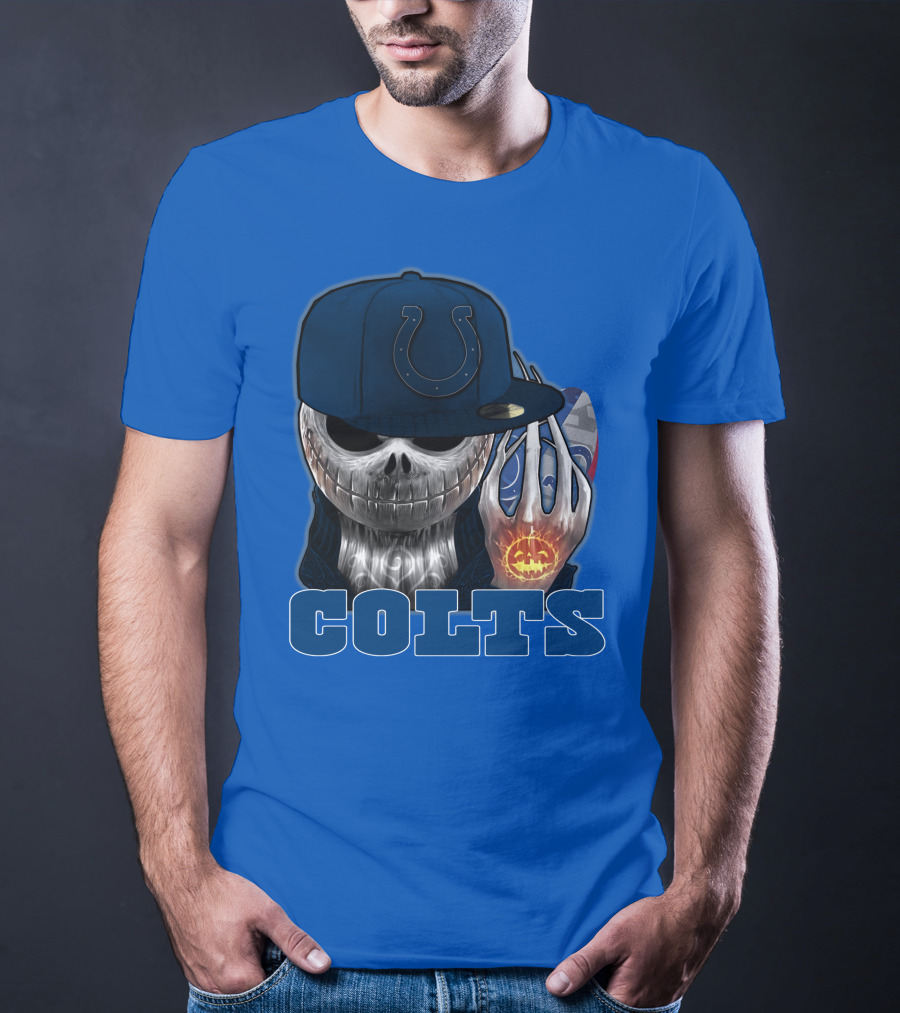 Colts Halloween Skull With Indianapolis Blue And Jack O'lantern Hand T-Shirt