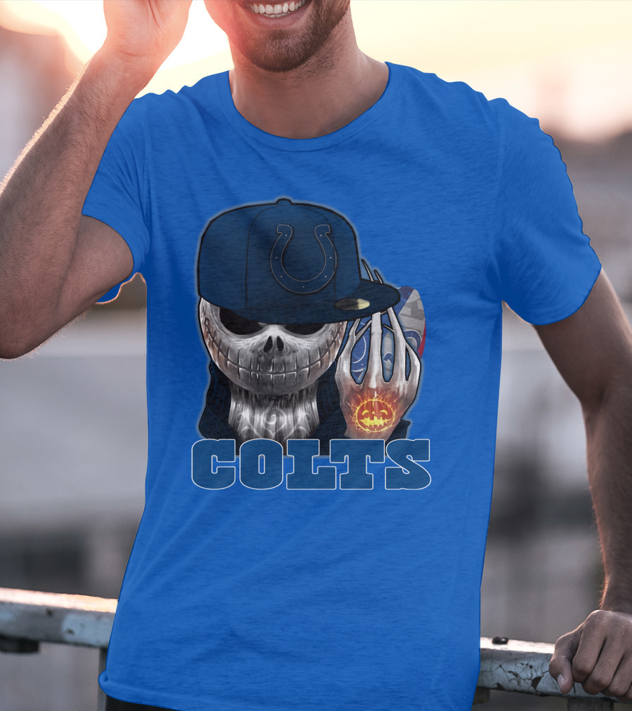 Colts Halloween Skull With Indianapolis Blue And Jack O'lantern Hand T-Shirt