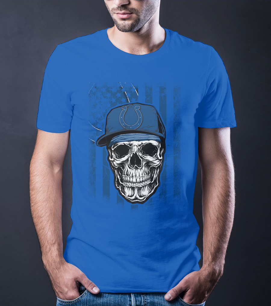 Skull Indianapolis Colts Blue Cap American Flag Background T-Shirt