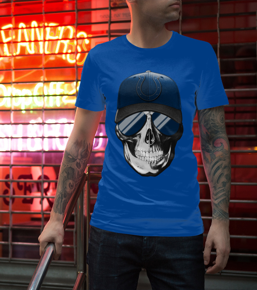 Skull Wearing Indianapolis Colts Cap With Sunglasses T-Shirt