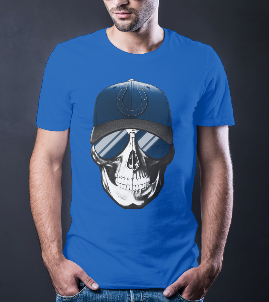 Skull Wearing Indianapolis Colts Cap With Sunglasses T-Shirt
