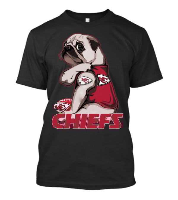 Pug Wearing Kansas City Chiefs Jersey With Football T-Shirt