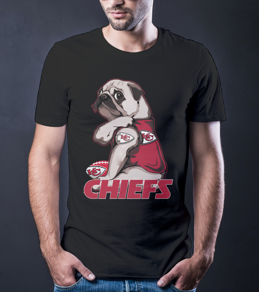 Pug Wearing Kansas City Chiefs Jersey With Football T-Shirt