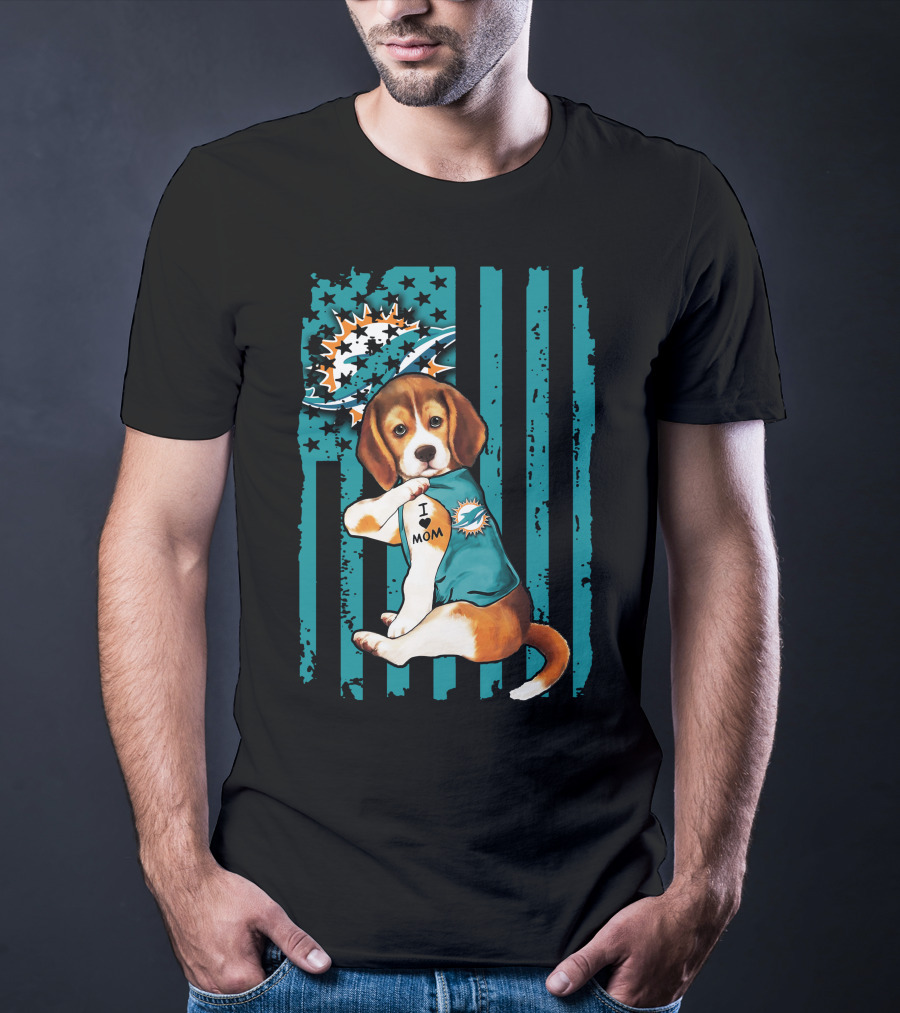 Beagle I Love Mom Miami Dolphins Football Flag T-Shirt