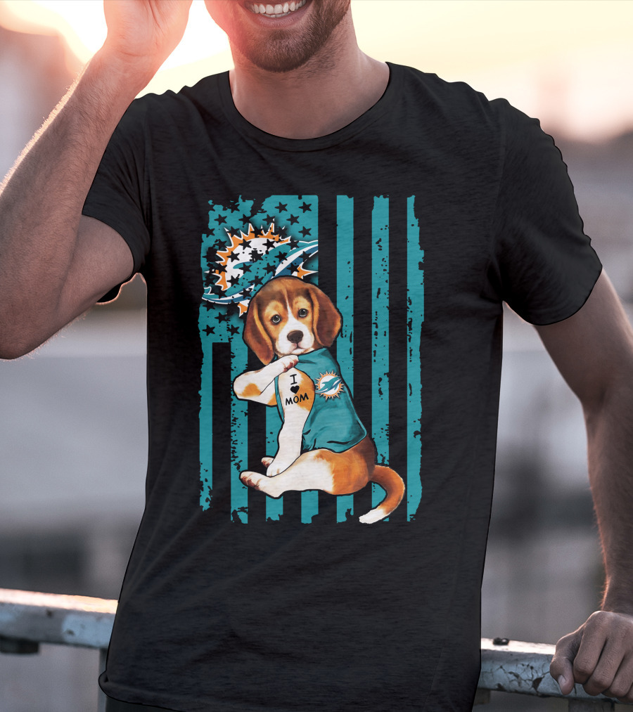 Beagle I Love Mom Miami Dolphins Football Flag T-Shirt